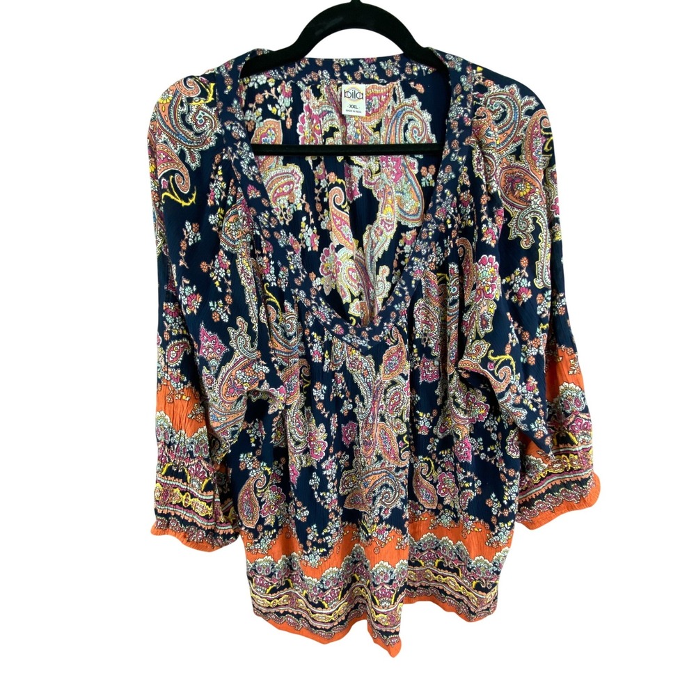 Bila Womens Paisley Print Boho‎ Peasant Top XXL Navy Orange Bell Sleeve V-Neck